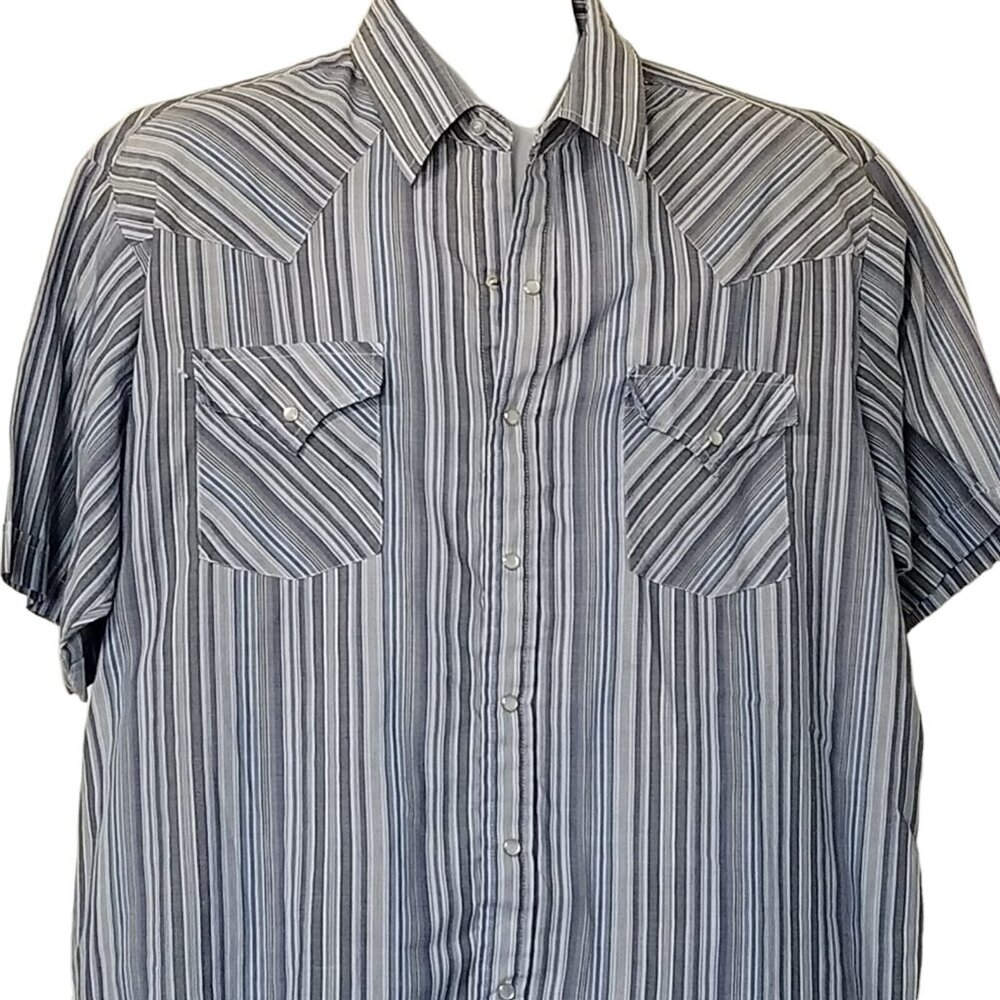 Vintage Plains Men's Western Shirt XL Pearl Snap Blue Stripe Short Sleeve